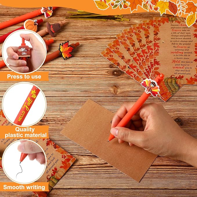 Marspark 30 Sets Fall Gifts Bulk Thanksgiving Ballpoint Pens and Thankful Maple Greeting Cards Set with Bags Twist Ties Autumn Holiday Appreciation Gifts for School Office Thanksgiving Party Favors