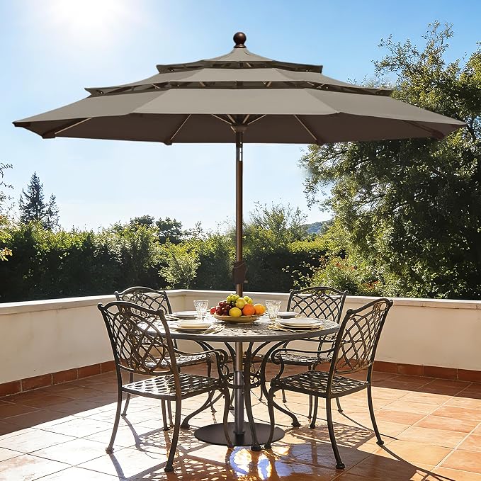 EliteShade USA 10-Year-Non-Fading 10ft 3-Tier Market Patio Umbrella, Commercial Grade Outdoor Table Umbrella with Crank Open, Windproof & UPF 50+ UV Protection, Heavy Duty Ventilation for Garden, Deck, Pool, Backyard, Beach & Bistro, Taupe