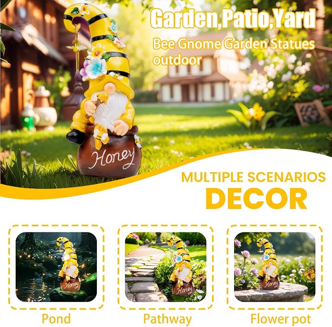 twinbling 13" Garden Solar Spring Gnomes Statues Outdoor | Birthday Gifts from Daughter Son Spring Decor with LED Lighted Bee and Flowers Funny Garden Sculpture for Patio Yard Lawn