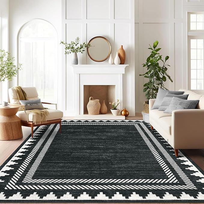 GarveeHome Washable Rugs 5x7 Black Rug Solid Bordered Geometric Rugs for Living Room, Modern Neutral Carpet with Non Slip TPR Backing, Soft Non Shedding Low Pile Throw Mat for Bedroom Dining Room