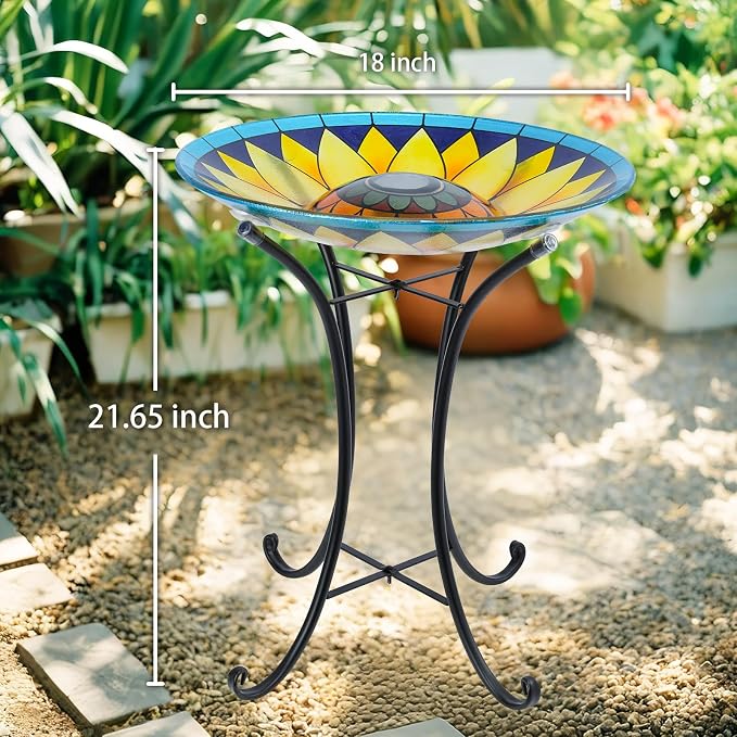 MUMTOP Outdoor Bird Bath, Large Glass Bird Baths Bowl with Metal Stand, Solar Sunflower Birdbaths for Outside Garden Lawn Yard Decor, 18”Dia 21.65”Height