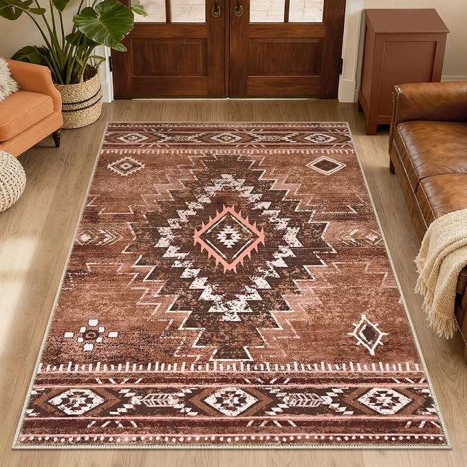 Yinhua Western 3x5 Entryway Rug, Moroccan Washable Rug Low-Pile | Aztec Non-Slip Area Rugs with Rubber Backing, Soft Brown Carpet Stain Resistant for Dining Room Living Room