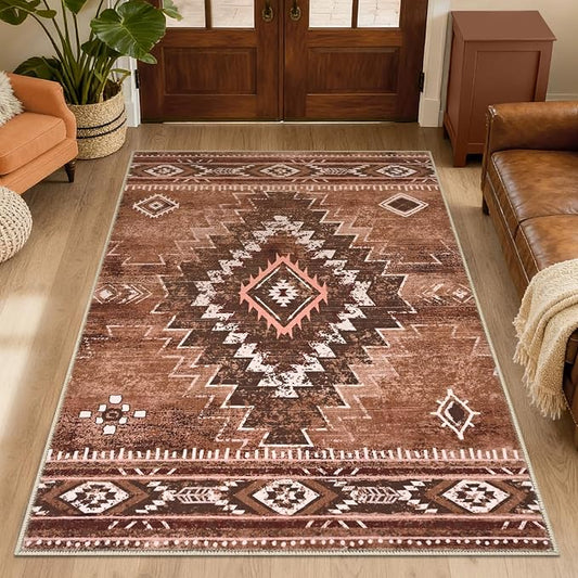 Yinhua Western 3x5 Entryway Rug, Moroccan Washable Rug Low-Pile | Aztec Non-Slip Area Rugs with Rubber Backing, Soft Brown Carpet Stain Resistant for Dining Room Living Room