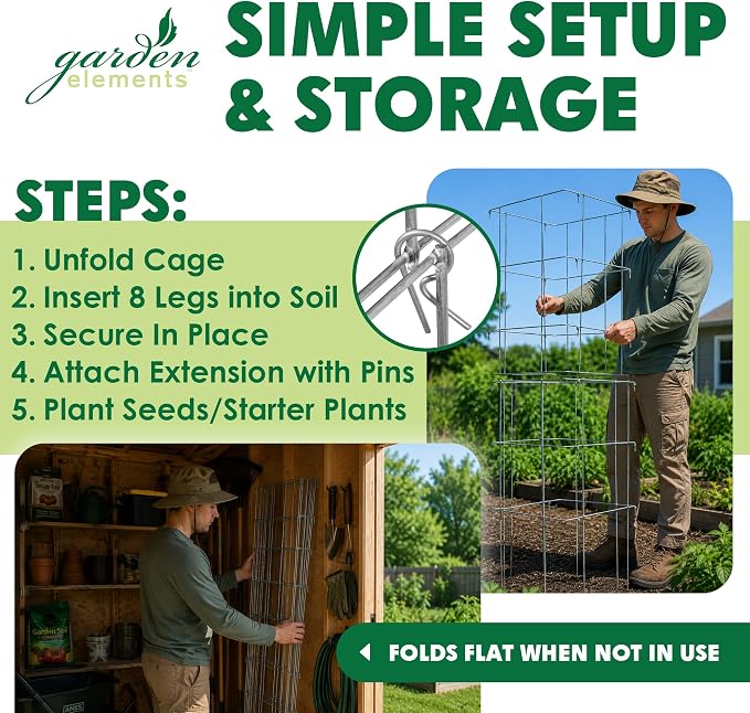 Garden Elements Square Tomato Cage, 67 Inch (Pack of 2) - Heavy Duty Galvanized Steel Plant Support with Adjustable Height and 8-Leg Stability for Climbing Vegetables & Vines