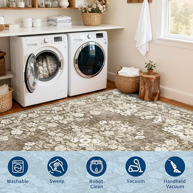 GarveeHome 2x3 Floral Rugs for Bath Vintage Small Mats Botanical Carpets | Machine Washable Non-Slip Low Pile Boho Kitchen Rugs Flower Accent Mats Bordered Area Rug for Hallway Entrance Brown