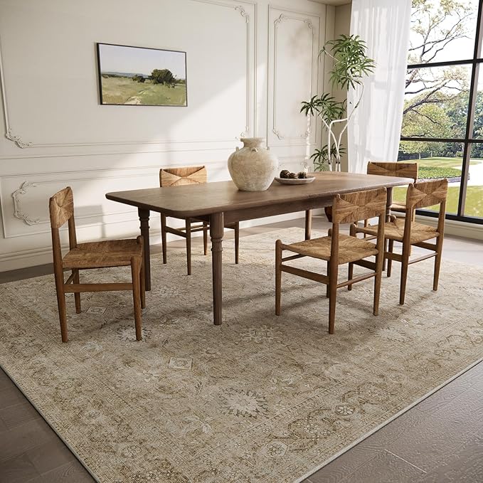 9x12 Area Rug Living Room: Washable Rug Non Slip Low Pile Soft Faux Wool Non Shedding Distressed Vintage Floral Large Carpet for Bedroom Dining Room Kitchen Nursery Under Table Farmhouse Home Office