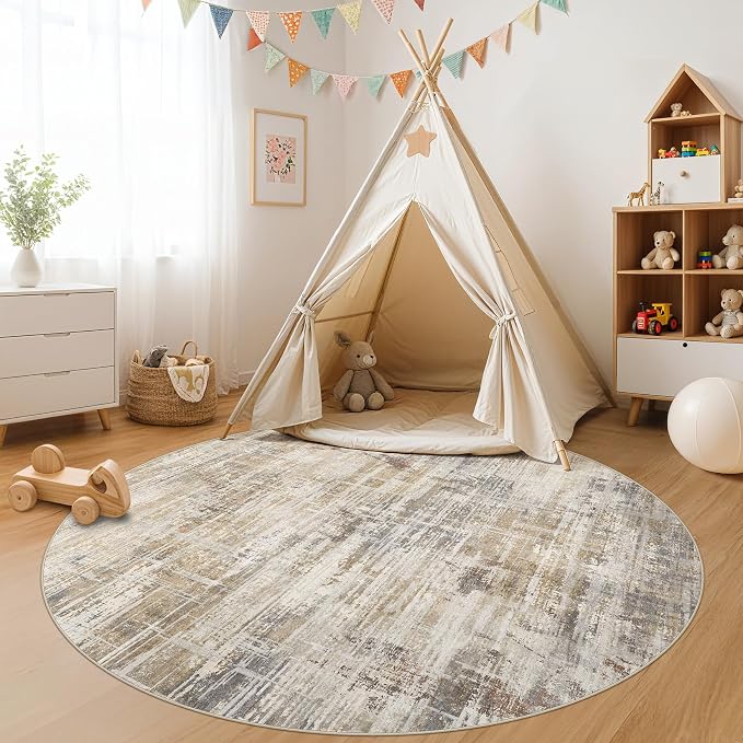 Uermei 6ft Round Area Rug for Living Room Washable Abstract Golden Brown | Soft Low Pile Non Slip Indoor Carpet Stain Resistant Kid Pet Friendly Circle Rug For Bedroom Dining Room Office Nursery