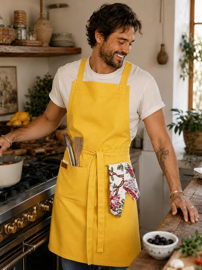 100% Cotton Kitchen Apron with 2 Pockets – Adjustable Chef Apron for Cooking Baking BBQ – Unisex Apron