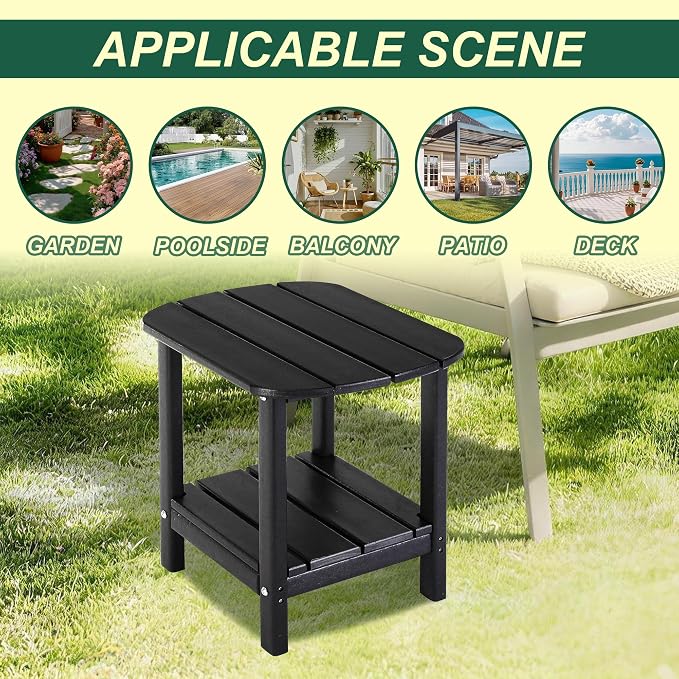 LZRS 2-Tier Patio Side Table, Heavy Duty HDPE Outdoor End Table with Wood Texture, Weatherproof Composite Table for Adirondack Chairs, Deck, Pool, Indoor/Outdoor, No Peeling Cracking(Black)