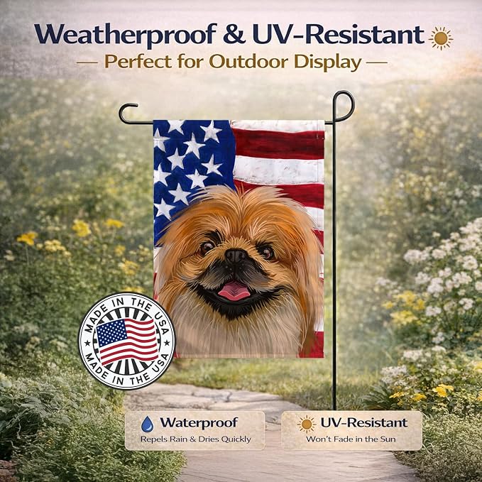 Caroline's Treasures CK6639GF Pekingese Dog American Flag Garden Flag Mailbox Flag Decorative Yard Flag Banner Outside Patio Artwork Yard Flower Beds, Garden Size, Multicolor