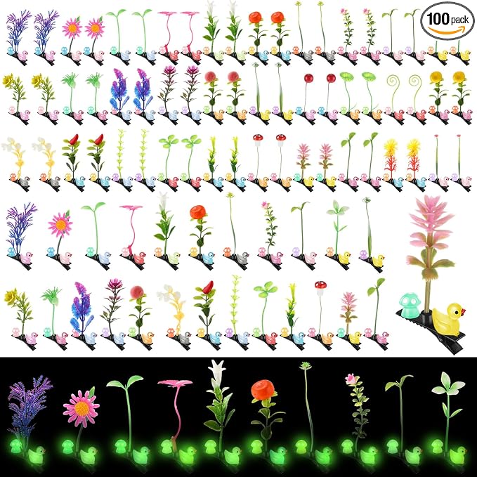 Tigeen 100 Pcs Glow Rave Trinkets Festival Duck Hair Clip with Bean Sprout Mushroom Sprout Hairpins Holiday Funny Plant Flower Hair Accessories for Women Music Festival