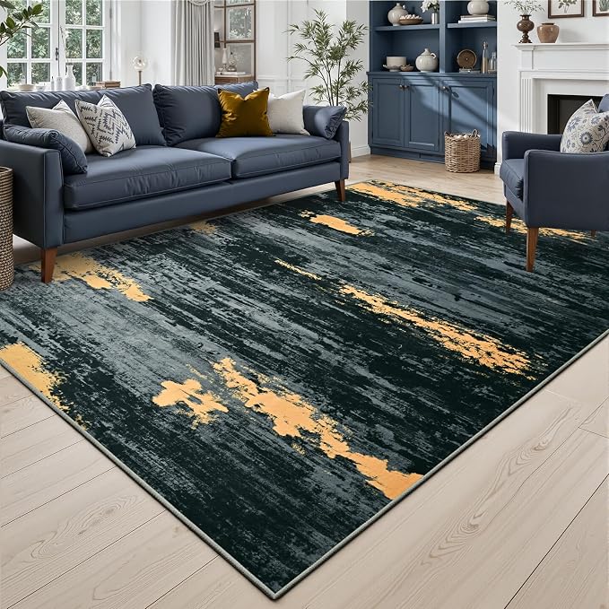 Toneed Washable 5x7 Area Rug with Non-Slip Backing for Living Room | Abstract Modern Rugs, Soft Low Pile Carpet for Bedroom Kitchen Dining Room Nursery Indoor Floor Office Home Decor, Black Gold
