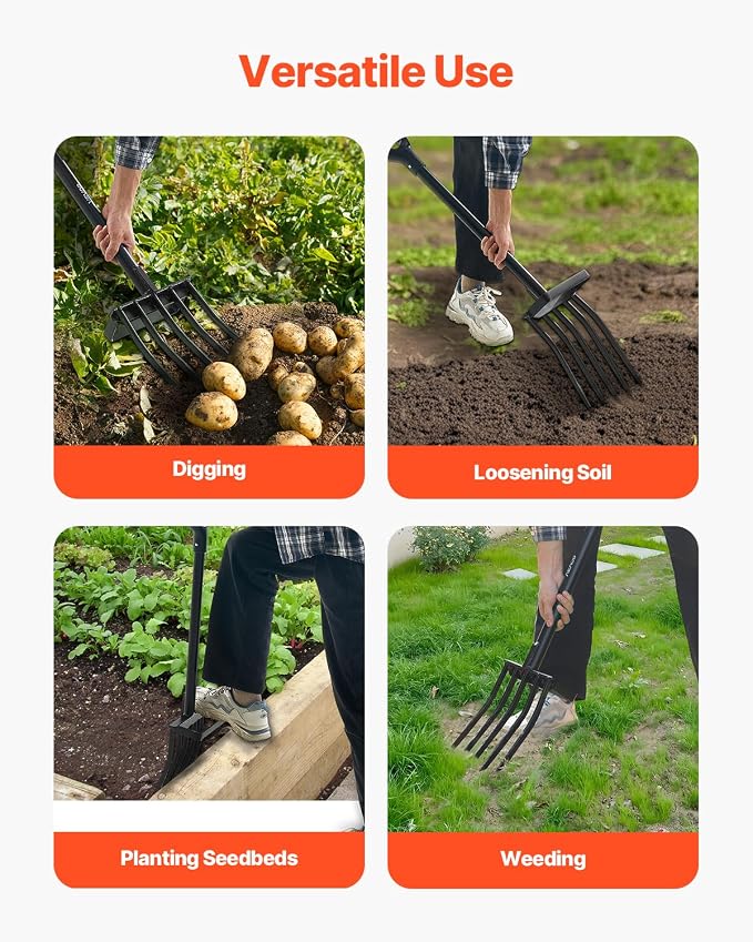 VEVOR Garden Fork, 5-Tine Gardening Pitchfork with Metal Handle, 41 in Heavy Duty Digging Fork with Y Grip, Forged Steel Spading Fork for Hay Potato Composting Transplanting Aeration