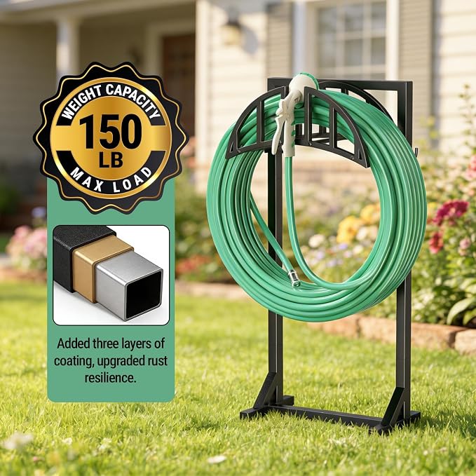 YQSLYSF 2 Pack Garden Hose Holder, Water Hose Stand with 4 Stake and 2 Tool Hooks, Heavy-Duty Metal Hose Storage Holds 150Ft, Freestanding Hose Hanger Rack for Outside, Yard, Lawn, Farm