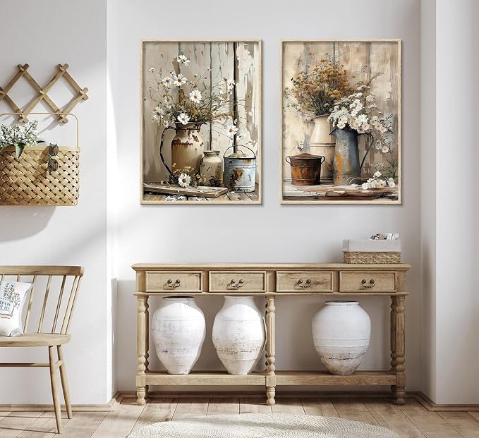 Rustic Farmhouse Daisy Canvas Wall Art Vintage Country Floral Posters Print Flower Still Life Botanical Pictures Painting White Jasmine Flowers And Rust Color Watering Can Wall Decor Unramed