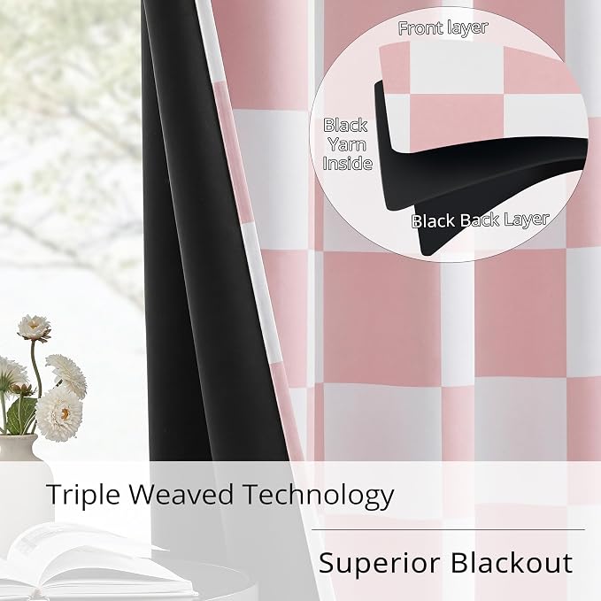 100% Blackout Checkered Curtains – 2 Panels, Each W52×L96, Thermal Insulated, Nosie Reducing for Bedroom, Modern Pink and White Checkerboard Design for Girls Room