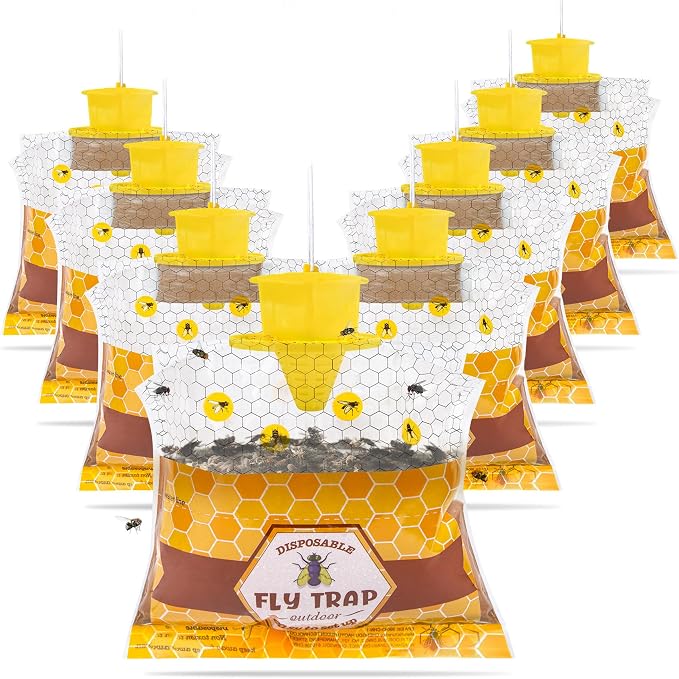 8 Pack Fly Traps Outdoor Hanging for Patio, Flies Bags Outdoor Disposable with 30g Bait, Bug Fly Hunter Catcher Killer Control for Barn Horse Ranch Chicken Coop