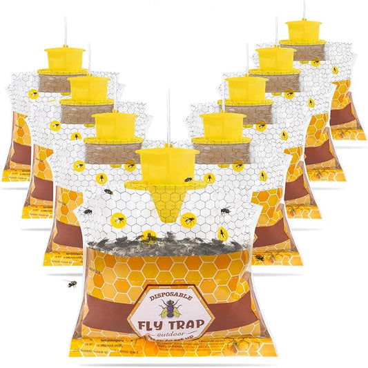 8 Pack Fly Traps Outdoor Hanging for Patio, Flies Bags Outdoor Disposable with 30g Bait, Bug Fly Hunter Catcher Killer Control for Barn Horse Ranch Chicken Coop