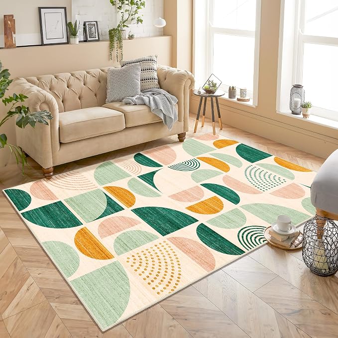 Green Rug Boho Washable,4x6.5 Area Rugs for Bedroom Entryway Living Room Bedside,Small Throw Floor Carpet Non Slip Soft Indoor Modern Abstract Sage Green