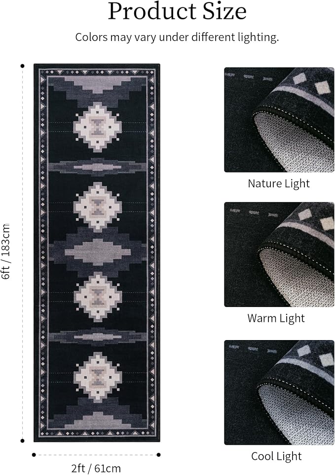 YIHOUSE 2'x6' Washable Hallway Runner Rug, Black and Grey Western Aztec Rug | Non-Slip, Low Pile, Soft, Tribal Geometric Design, for Entryway Kitchen Boy Bedroom, Stain Resistant, Pet Friendly