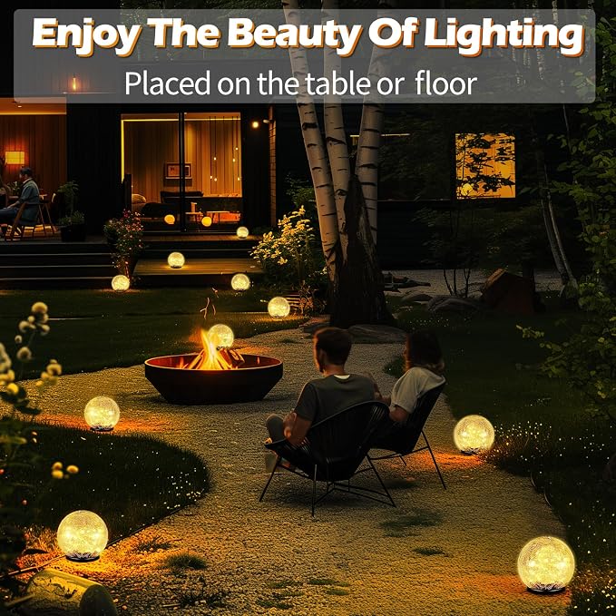 Garden Solar Ball Lights Outdoor Waterproof 50LED Cracked Glass Globe 4.7'' | 2 Pack Solar Power Ground Lights for Path Yard Patio Lawn, Christmas Decoration Landscape Warm White
