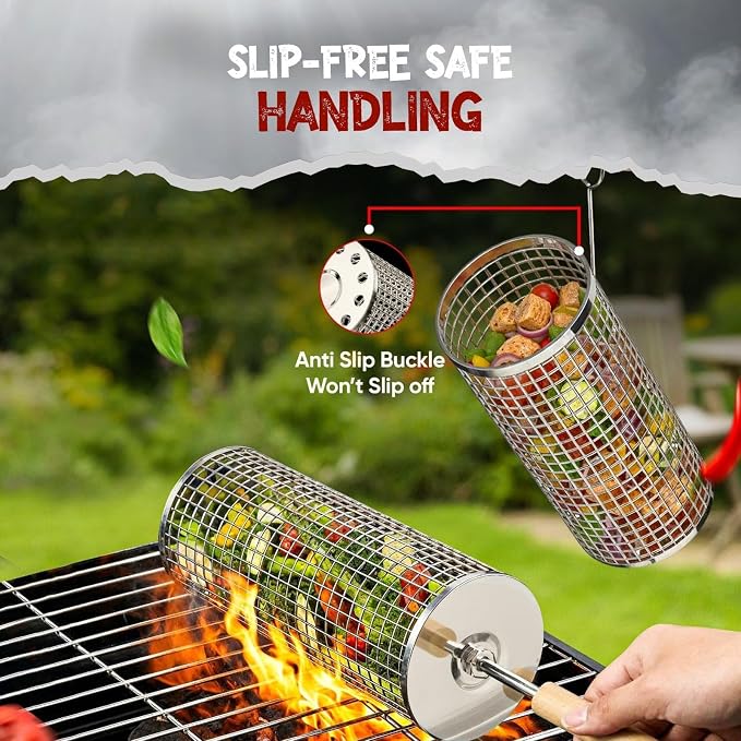 Rolling Grill Basket for Veggies (2 PCS) | 304 Stainless Steel Grill Baskets for Outdoor Grill with Removable Wooden Handle | BBQ Baskets for Grilling | Vegetable Grill Basket | Fathers Day Gifts