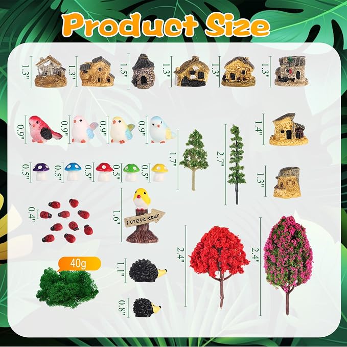 58 Pcs Miniature Garden Set Gnome Mushrooms Animals Fairy House Diorama Supplies Fairy Village Mini Terrarium Figurines Micro Landscape Ornament Mixed Tree for DIY Garden Succulent Dollhouse decor