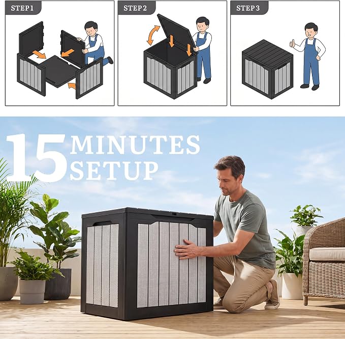 YITAHOME 35 Gallon Deck Box, Waterproof Resin Outdoor Storage Box, Doubles as Bench Seating for Patio Furniture Cushions,Garden Tools & Pool Accessories, Black & Gray