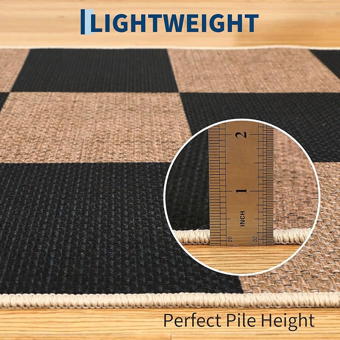 Garvee 2x6 Runner Rug Kitchen Rugs Non Slip Washable Rug, Black/Brown | Easy Jute Modern Checkered Rug Hallway Runner Rug Stain Resistant Easy Cleaning Non Shedding Floor Cover for Laundry Entryway