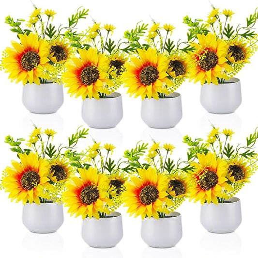 Zeyune 8 Pcs Sunflower Potted Plants Rustic Summer Spring Kitchen Wedding Table Centerpieces Silk Yellow Fake Flower with Plastic Pot for Home Bathroom Office (Classic,Sunflower)