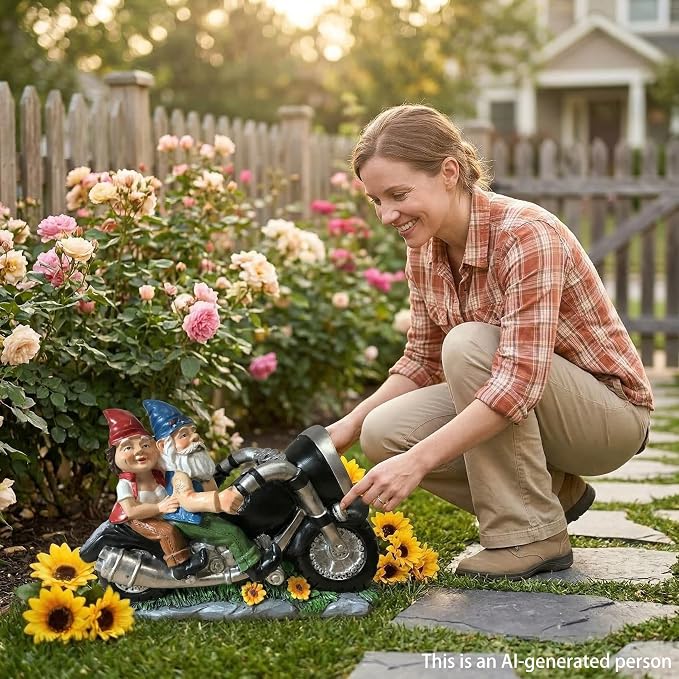 Motorcycle Gnome Couple Solar Light Outdoor Garden Statue Decor | 11 inch Resin Biker Pair Weatherproof LED Powered Yard Patio Lawn Porch Deck Funny Anniversary Birthday Gift Idea for Him