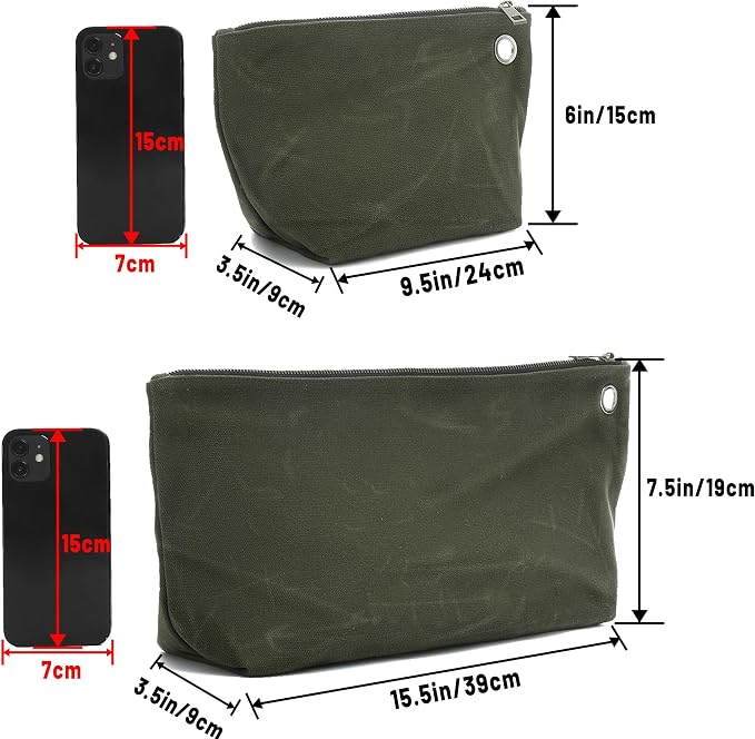 Multi-Purpose Tool Storage Bag - 16OZ Waxed Canvas Tools Organizer Pouches for Men Women | 1 Small + 1 Large | Army Green, Portable Item Collection Pouch for Coins Pliers Nuts