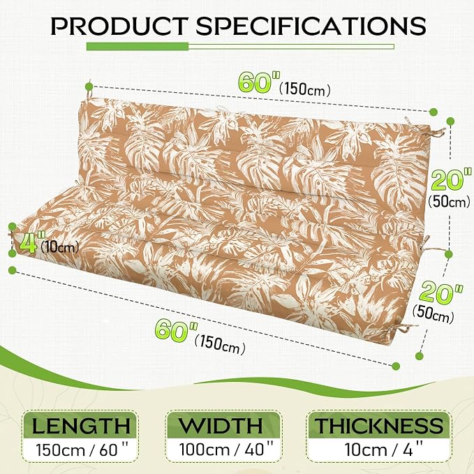 Outdoor Swing Cushion with Backrest, Tie Straps & Memory Foam - Replacement for Porch Bench 2/3 Seater, Oxford Fabric (TAN & White, 60 INCH × 40 INCH)