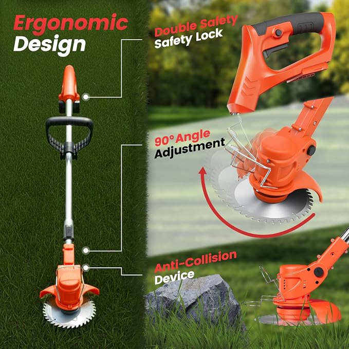 24V 3-in-1 Cordless Weed Wacker, Electric Grass Trimmer Edger Brush Cutter with Wheels, Lightweight Adjustable String Trimmer, 2 Pack 2000mAh Batteries & Fast Charger for Lawn Yard Garden Care, Orange