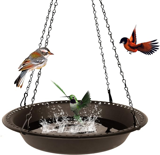 OVZILKI 14 inch BirdBath Bowl Only with 25” Rust-Proof Black Chains, Bird Baths for Outdoors Heavy Duty, Hanging Bird Bath Hanging Bird-Feeder for Garden Backyard Decor (Brown 1 Pack)