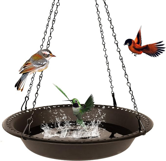 OVZILKI 14 inch BirdBath Bowl Only with 25” Rust-Proof Black Chains, Bird Baths for Outdoors Heavy Duty, Hanging Bird Bath Hanging Bird-Feeder for Garden Backyard Decor (Brown 1 Pack)