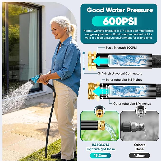Garden Hose 100FT, Non-Expanding Lightweight Water Hose With 10-Function Nozzle, Leak-Proof, No-Knot, Easy to Carry and store, Wear-Resistant, Sturdy, 3/4GHT, Designed for Garden, Yard, Outdoor