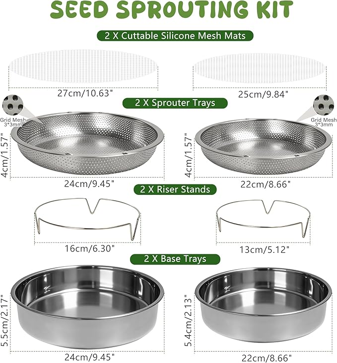 2 Pack 304 Stainless Steel Seed Sprouter Trays, 2-Tier Soil-Free Microgreens Growing Kit, Rust-Free Round Sprouting Tray with Mesh Pads for Sprouts Beans Alfalfa Wheatgrass