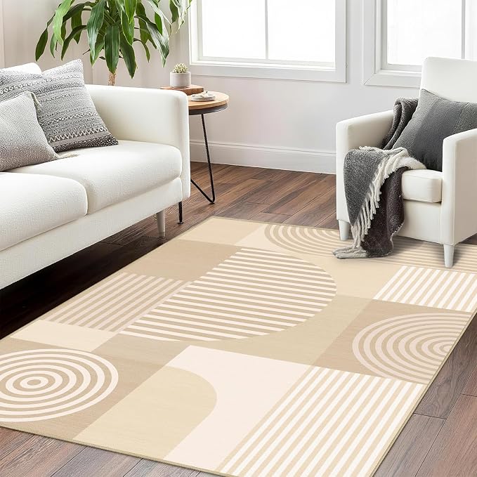Beige Geometric Area Rug 4x6 for Living Room White Rug Machine Washable Minimalist Mid Century Modern Rugs Non Slip Low Pile Indoor Floor Carpet for Bedroom Dining Room Laundry Office,Beige