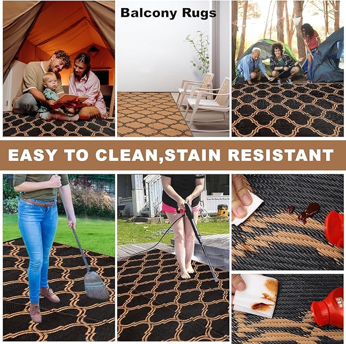 Alfolo 9x12 Outdoor Rug for Patio & RV Camping - Waterproof Plastic Straw Mat with Corner Loops & Carry Bag - Reversible, UV Fade-Resistant & Easy to Clean (Black/Brown)