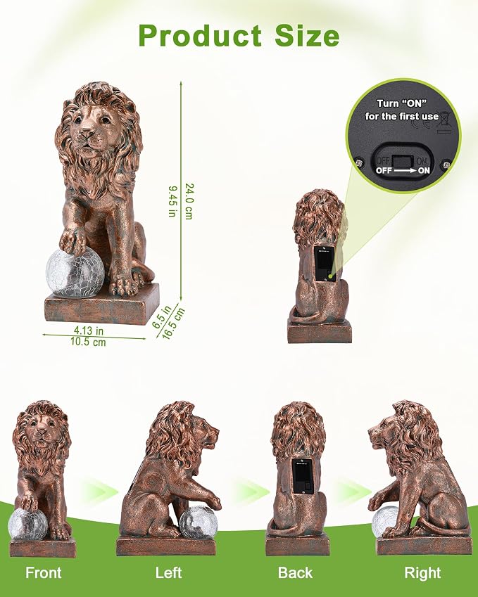 Guardian Lion Outdoor Statues for Garden with Solar Ball (Copper) | 9.45in IP65 Waterproof,Outside Decor, Yard Art Lawn Ornaments, Porch Patio Balcony Home House, Gifts for Mom Grandma Women