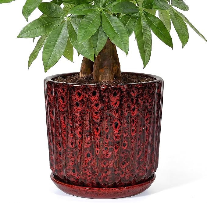 10 Inch Ceramic Planter Pot with Saucer Drainage Leak-Proof Mesh,Flower Pots for Indoor Plants with Gardening Gloves,Ceramic Planter(Spotted Red)