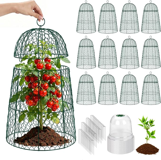 12 Pack XL Metal Garden Cloches for Plants, 17" Height Rustproof Chicken Wire Cloches for Seedlings, Vegetables & Flowers, Plant Protectors from Animals Includes 12 Humidity Domes & 48 Stakes - Green
