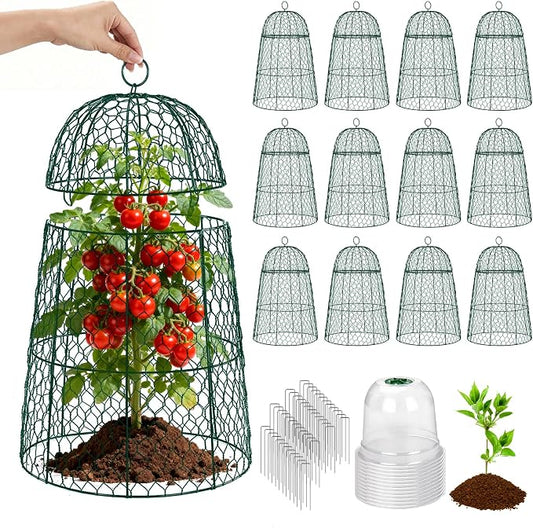 12 Pack XL Metal Garden Cloches for Plants, 17" Height Rustproof Chicken Wire Cloches for Seedlings, Vegetables & Flowers, Plant Protectors from Animals Includes 12 Humidity Domes & 48 Stakes - Green