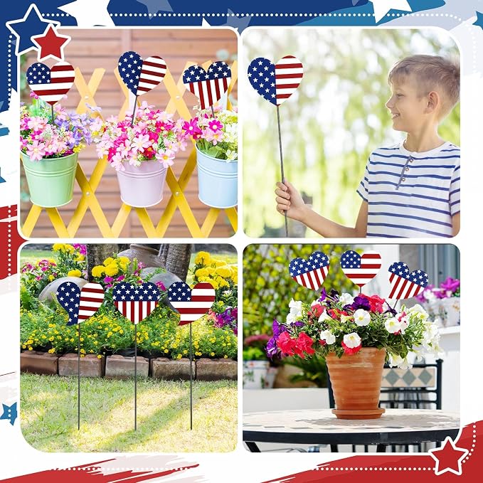 Pickmesh 6 Pcs 12" H Patriotic Yard Decor 4th of July Outdoor Decor Red White Blue Heart Metal Garden Stake 250th Anniversary USA Flag American Yard Sign for Independence Day Garden Decoration
