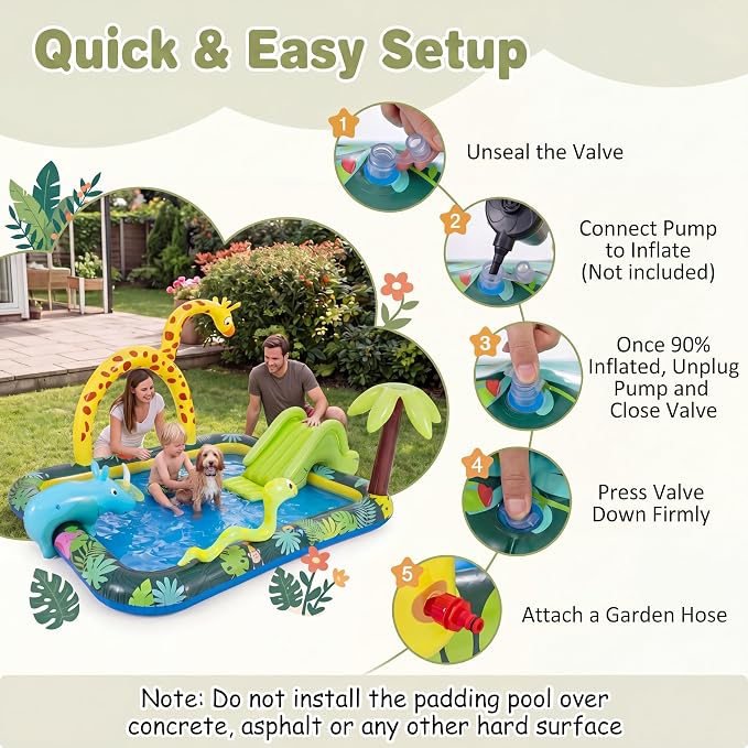 GLACER Inflatable Kiddie Pool, Outdoor Splash Pad with Slide & Sprinkler | Jungle Adventure Toddler Swimming Pool with Ring-Toss Game, Water Play Center for Backyard, Garden, 70"L x 54.5"W x 82"H