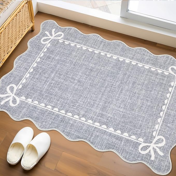 GarveeHome Scalloped Entryway Rug 2x3 Washable Front Door Bow Rug, Grey | Non Slip Soft Low Pile Ultra-Thin Stain Resistant Indoor Carpet for Girls Dorm Nursery Bedroom Decor Hallway Kitchen Floor