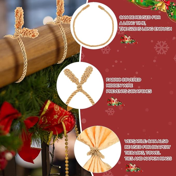 Zhengmy 48 Pcs Christmas Garland Ties Extra Long 30'' 25'' 20'' Gold Decorative Twist Tie for Banister Reusable Flexible Twist Tie for Garland Stairway Railing Home Xmas Holiday Decor