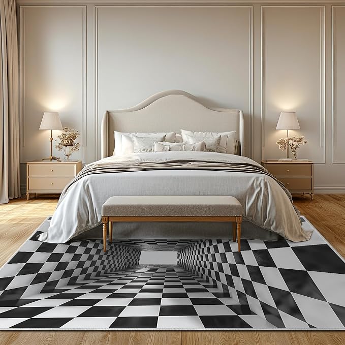 Boho Area Rug for Living Room Abstract 5x7 Entryway Rug Modern 3D Hole Trap Optical Visual Illusion Rugs Non Slip Low Pile Machine Washable Black White Floor Carpet for Indoor Bedroom Dining Room