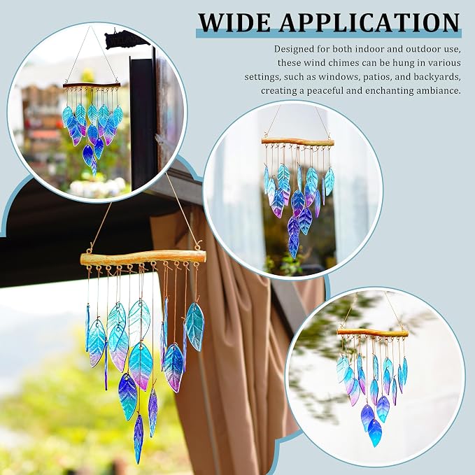 Wind Chimes for Outside,Stained Glass Leaves Wind Chimes Indoor Outdoor Hanging Decor Handmade 12.5" Garden Chimes for Windows, Patio,Backyard Decor Ornament for Christmas Tree